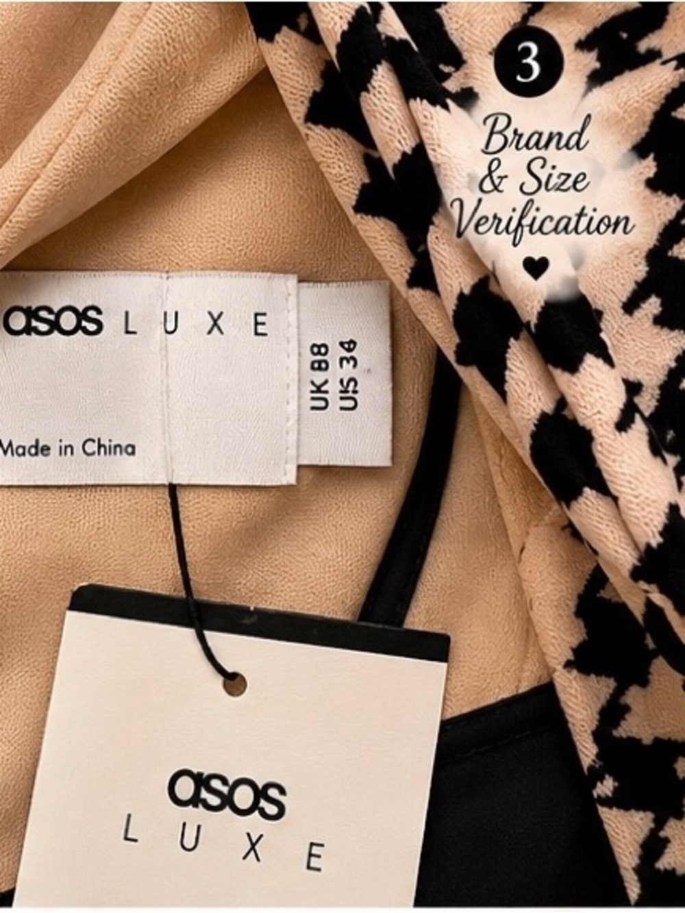 ASOS Black and Beige Houndstooth Long-Sleeve Bodycon Dress with Bow Back - Picture 4 of 6